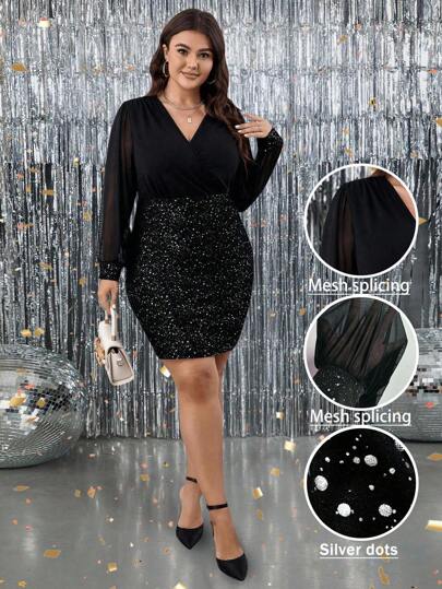 DreamSkyne Plus Contrast Mesh Lantern Sleeve Overlap Collar Bodycon Dress Fall Cloth For Women