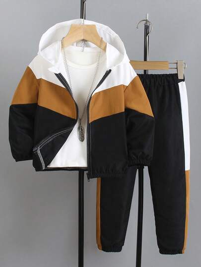 2件套男童休闲拼色连帽运动衫和裤子运动服套装，秋季