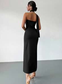 Firerie 女式摩卡棕色不对称喇叭袖宽松连衣裙，时尚长裙，春夏服装，适合通勤、优雅、性感、度假、海滩、波西米亚、夏威夷、音乐节、派对、工作服、秋季婚礼宾客礼服、黑色连衣裙优雅优雅、派对礼服 - 黑色 - 查看 2