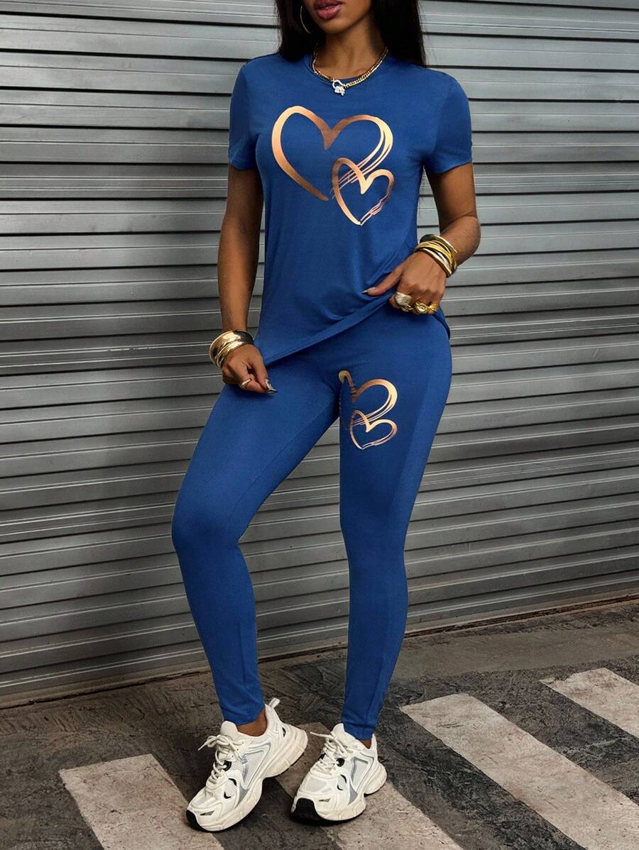 INAWLY Ladies' Heart Print Short Sleeve T-Shirt And Pants Set - Blue - View 1