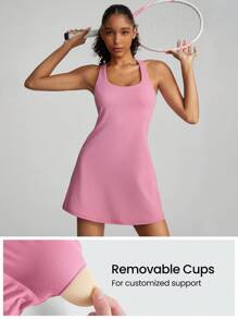 GLOWMODE FeatherFit™-Air Peekaboo 每天內建短褲口袋防滑連身裙，輕支撐低衝擊瑜伽工作室春季裙，夏季裙 - 粉色 - 查看 5