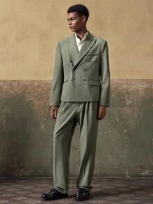 AKNOTIC Business Casual 2pcs Men's Woven Casual Loose Fit Long Sleeve Jacket And Straight Leg Pants Set - Olive Green - View 6