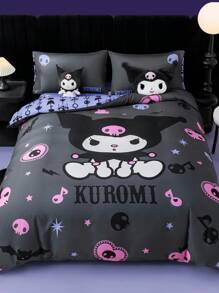 HELLO KITTY AND FRIENDS | SHEIN 3件組卡通字母印花深灰色床上用品被套組，適用單人床/雙人床/加大床/特大床，適合宿舍/居家 - 彩色 - 查看 6