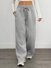 SHEIN Tall Comfortable And Casual Plain Knitted Low Waist Wide Leg Women's Sports Pants With Fleece For Warmth In Autumn And Winter Fall And Winter Wide Leg Sweatpants Flare Sweatpants Winter Sweatpants Women Grey Sweatpants Women