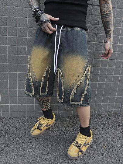 Manfinity EMRG Plus Size Men's Nostalgic Blue Patch Youthful Street Wear Drawstring Shorts