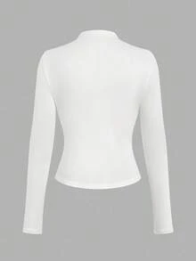 Sweetra Maglietta casual a maniche lunghe, slim fit, comoda, con collo a giro, tinta unita, per donne taglie forti - Bianco e nero - Visualizzare 15