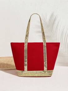 SHECARRY Fashionable Versatile Casual Sequin Decor Tote Bag - Burgundy - View 1