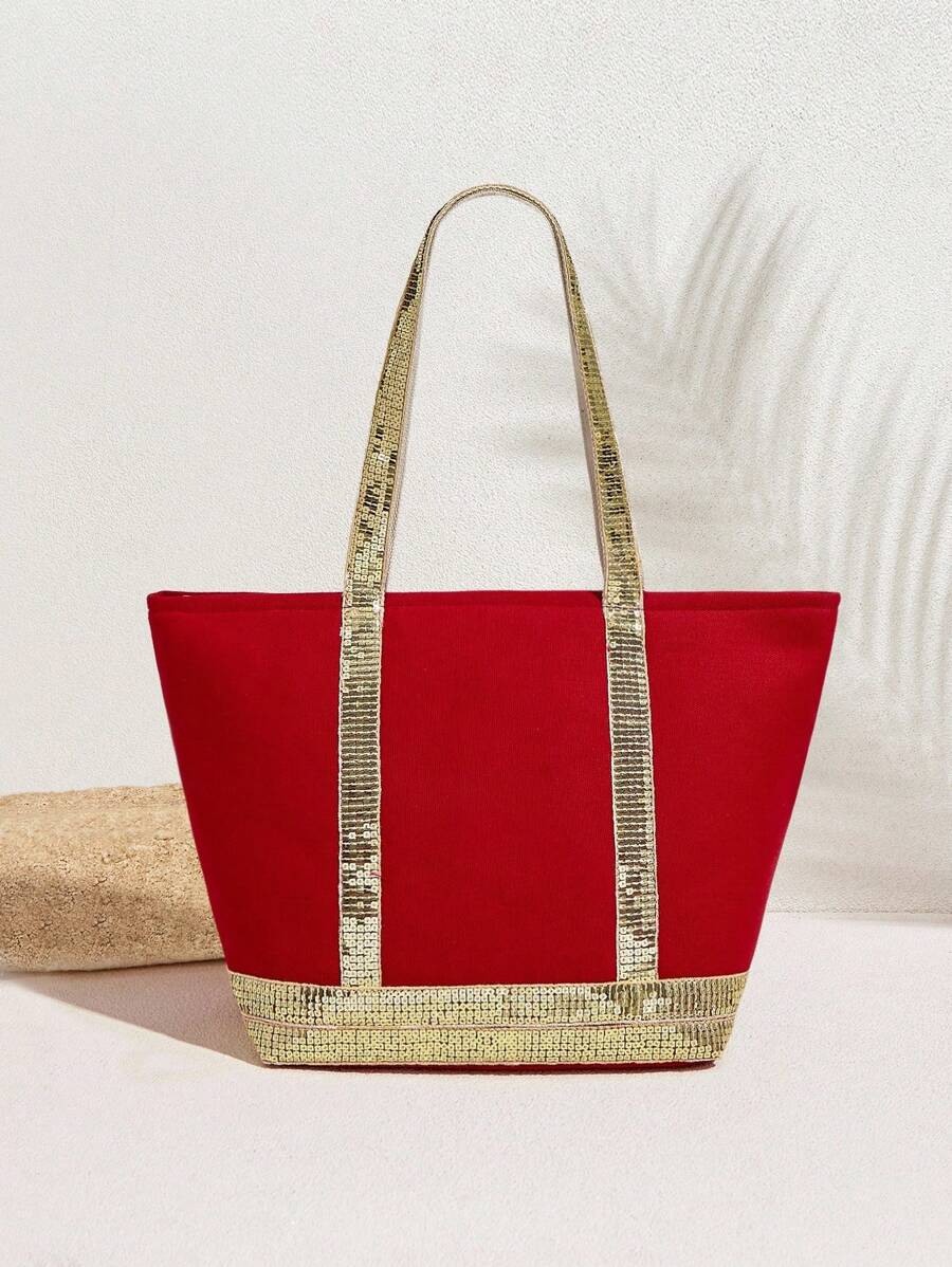SHECARRY Fashionable Versatile Casual Sequin Decor Tote Bag - Burgundy - View 1
