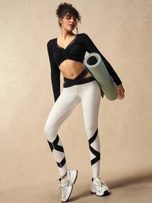 VARSIVA Women's Contrast Color Waist Hollow Out Sports Leggings - Black and White - View 7
