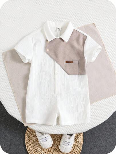 SHEIN رومبير رومبر صيفية كاجوال للرضع ذكور، تصميم لوني كتل، طوق بولو