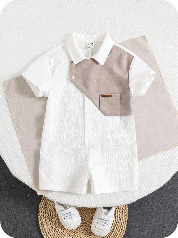 SHEIN رومبير رومبر صيفية كاجوال للرضع ذكور، تصميم لوني كتل، طوق بولو