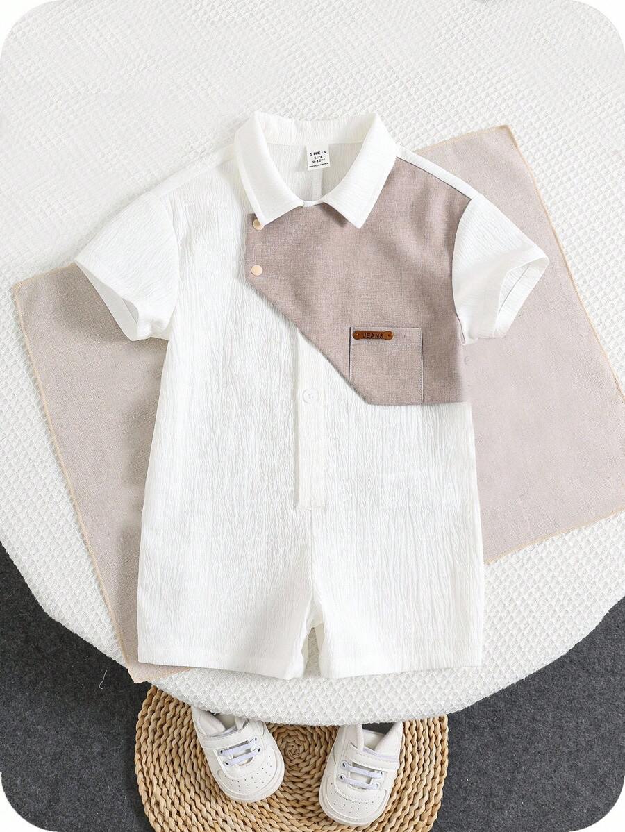 SHEIN 新生男婴可爱夏季休闲拼色马球领连体衣 - 彩色 - 查看 1
