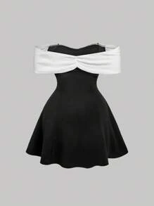 SHEIN MOD Plus Size Retro Elegant Black And White Contrast Color Knitted Mini Dress, Front Button Apricot Bow Patchwork, Stretchy Off-Shoulder Summer Party - Black and White - View 3