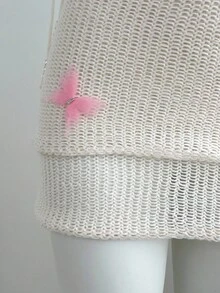 Elamini 女式夏季时尚蝴蝶装饰镂空挂脖针织连衣裙 - 白色 - 查看 5