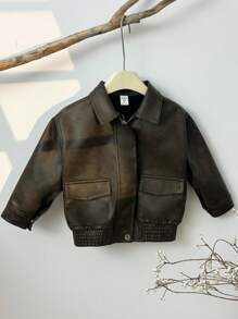 SHEIN Kids/Young Boy Casual Everyday Versatile Comfortable PU Collar Patch Pocket Loose Woven Thick Motorcycle Jacket, Suitable For School, Garden, Beach, Birthday, Spring, Summer, Fall, Winter - Bronze - View 6