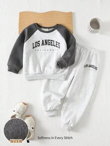 Cozy Pixies 2pcs/Set Young Boy Letter Pattern Knit Soft Round Neck Long Sleeve Pullover Top And Elastic Waist Pants Fall Winter