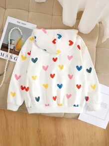 SHEIN 少女彩色爱心印花拉链连帽宽松保暖卫衣/外套，适合居家、户外和上学穿着，秋冬季节。 - 彩色 - 查看 2