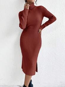EURMUSE Vestido de punto ajustado de cuello alto de unicolor de otoño/invierno - Marrón - Ver 3