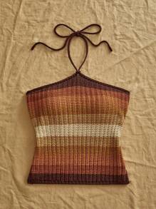 Travachic 女式条纹休闲挂脖针织上衣 - 紅色 - 查看 6