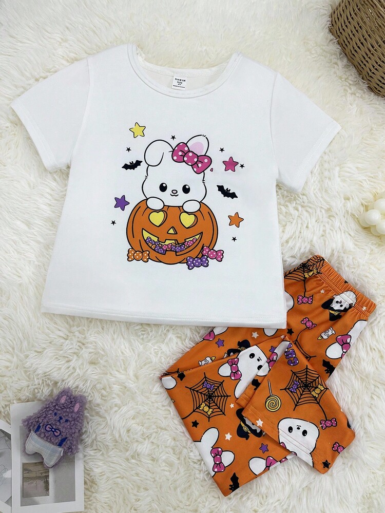 Halloween Cute Rabbit & Pumpkin Print Girls Toddler Pajama Set, Short Sleeve Top And Pants Kawaii Halloween Clothes Girls Halloween Pajama Set - Multicolor - View 1