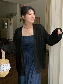 Dazy Plus Top ample casual à manches dolman ouvert devant en couleur unie grande taille