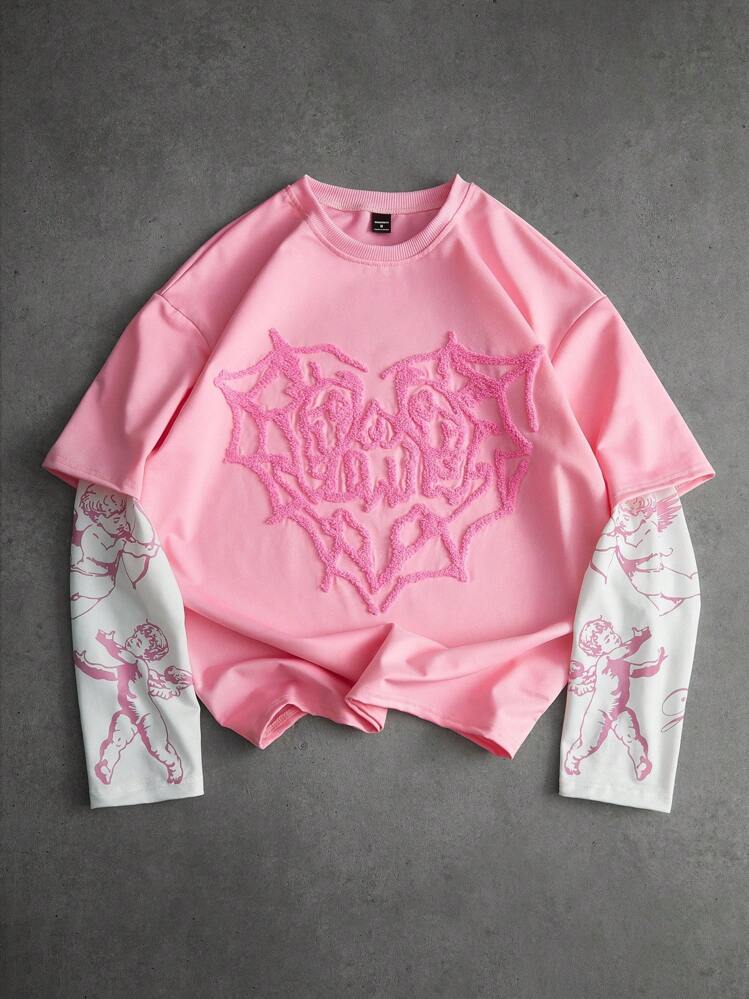 PAVTROS 男士街头风格流行 INS 搭配天使丘比特印花刺绣心形 T 恤，户外音乐节、夜总会酒吧、男朋友/丈夫礼物、周年纪念礼物、二合一 T 恤、粉色图案 T 恤、粉色街头服饰、粉色 Y2k 衬衫、2000 年代风格 - 彩色 - 查看 5