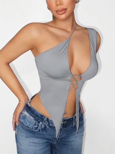 Sirith 性感露肤女士交叉前镂空露背无袖吊带短款上衣，下摆不对称，驼色，适合日常穿着