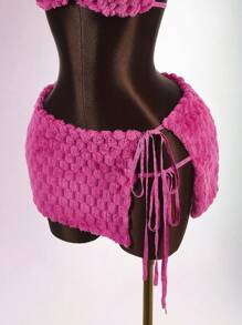 Amplova 女式性感毛茸茸吊带上衣和开衩迷你裙两件套 - 粉色 - 查看 7