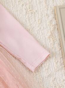 SHEIN Baby Girls' Pink Lace Patchwork Elegant Long Sleeve Dress - Pink - View 6