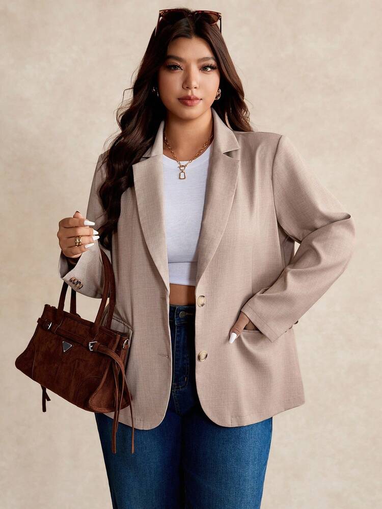 Elaquor Plus Size Casual Everyday Commute Solid Color Notched Collar Double Pocket Blazer In Fall/Winter - Apricot - View 3