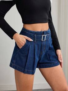 Elenzga Women's Buckle Design Pocket Pleated Loose Casual Denim Shorts - Dark Wash - View 4