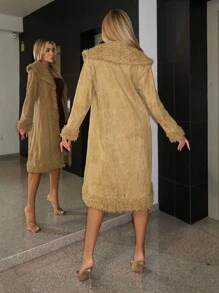 SHEIN ICON Retro Y2K Faux Suede Patchwork Fuzzy Collar Long Cardigan Jacket In Fall/Winter - Coffee Brown - View 2