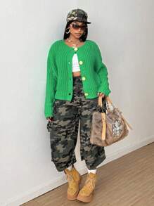 Maweii Plus Size Women Casual Loose Fit Round Neck Drop Shoulder Long Sleeve Single-Breasted Knit Cardigan Fall Winter Cloth For Women