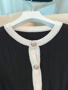 Franclia Women's Casual Ruffled Hem Long Sleeve Cardigan Fall Winter Cloth For Women - Black and White - View 5