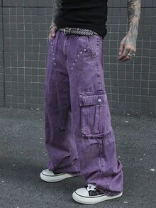 Manfinity Roghcode Celana Jeans Kargo Pria Ukuran Besar Motif Bunga Ungu, Potongan Lebar, Gaya Anak Muda, Modis dan Bergaya, Cocok untuk Pesta, Jalan-jalan, Makan Malam, Musim Panas, Gaya Vintage Y2K - Purple - View 4