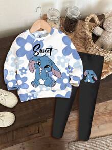 SHEIN 卡哇伊卡通蓝兔露露与史迪奇图案，蓝色渐变花卉，少女休闲圆领长袖卫衣和紧身裤两件套，适合秋冬。度假风情，阳光之旅，春季休闲装，夏季度假，家庭回忆，可爱的Y2K椰子女孩波西米亚春假，早午餐准备的淡蓝色女孩之旅，霓虹海滩风情，波西米亚嬉皮风格音乐节 - 彩色 - 查看 2