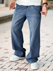 Manfinity Roghcode Quần jeans denim ống rộng rách gối màu xanh nhạt thiết kế vá lỗi cho nam, thường ngày, phù hợp mặc đi chơi - Màu xanh lam - Xem 7