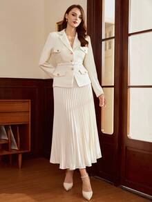 Vintamour 复古经典优雅女士西装套装春夏合身口袋翻盖西装外套腰带百褶裙长袖西装套装秋冬米色西装套装 - 米色 - 查看 8