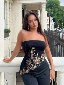 NegzBox Y2k Summer Women Going Out Vintage Boho Fashion Vacation Glitter Embroidered Sparkly Sequin Black Asymmetric Hem Embroidered Bandeau Top, Fashion - Black - View 1