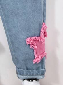 SHEIN 年轻女孩休闲柔软舒适度假时尚街头水洗可爱星星刺绣日常穿着无弹力修身锥形牛仔裤，轻盈春秋 - 淺色水洗藍 - 查看 3