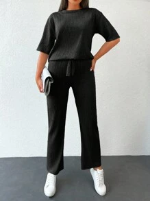 ZIRRA 2pcs Women Solid Color Round Neck Drop Shoulder Ribbed T-Shirt And Pants Casual Set - Black - View 2
