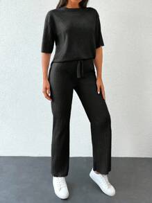ZIRRA 2pcs Women Solid Color Round Neck Drop Shoulder Ribbed T-Shirt And Pants Casual Set - Black - View 4