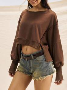Easelle 女牛仔复古西部女式休闲宽松落肩纯色运动衫秋冬女装不对称下摆剪裁复古水洗 - 咖啡棕 - 查看 11