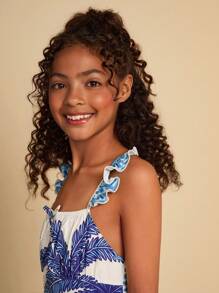 SHEIN Tween Girl Woven Leaf Pattern Square Neck Ruffle Hem Casual Dress - White - View 5