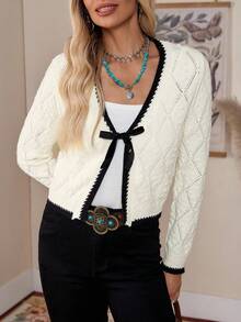 LanaWest Casual French Design Argyle Textured Contrast Trim Long Sleeve Knit Cardigan,Long Sleeve Tops