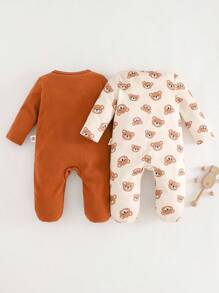 Cozy Pixies Conjunto de 2 peças de Macacão e Calça de Manga Longa com Gola Redonda em Tricô Macio com Estampa de Urso Cartoon para Bebê Recém-Nascido Menino/Menina
