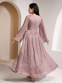 Veilorie 女式优雅纯色3D花卉装饰连衣裙 - 粉色 - 查看 2