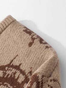 GALLERY FADE Round Neck Knitted Pullover For Men, Soft & Solid Color, Dropped Shoulder, Versatile, Business/Commute Wear, Autumn/Winter Eye Sweater Grunge Sweater Brown Sweater Graphic Sweater Men Knit Sweater Eye Print Sweater Mens Knit Sweater Mens Eye Sweater - Khaki - View 4