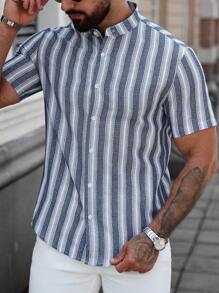 Manfinity Homme Camisa casual de hombre de solapa individual con rayas de manga corta, adecuada para ocio, hogar, viajes, textura tejida de punto, regalo para esposo y novio, camisa de manga corta popular de INS, verano - Multicolor - Ver 5
