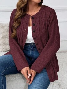 Momelise Plus Size Women Crochet Button Front Long Sleeve Cardigan Winter Fall Autumn - Burgundy - View 5